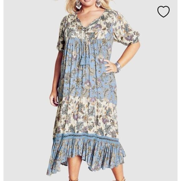 Aveology Floral Print Boho Puff Sleeve Relaxed Fit Maxi Dress NWT Size 14/Large - Picture 1 of 7
